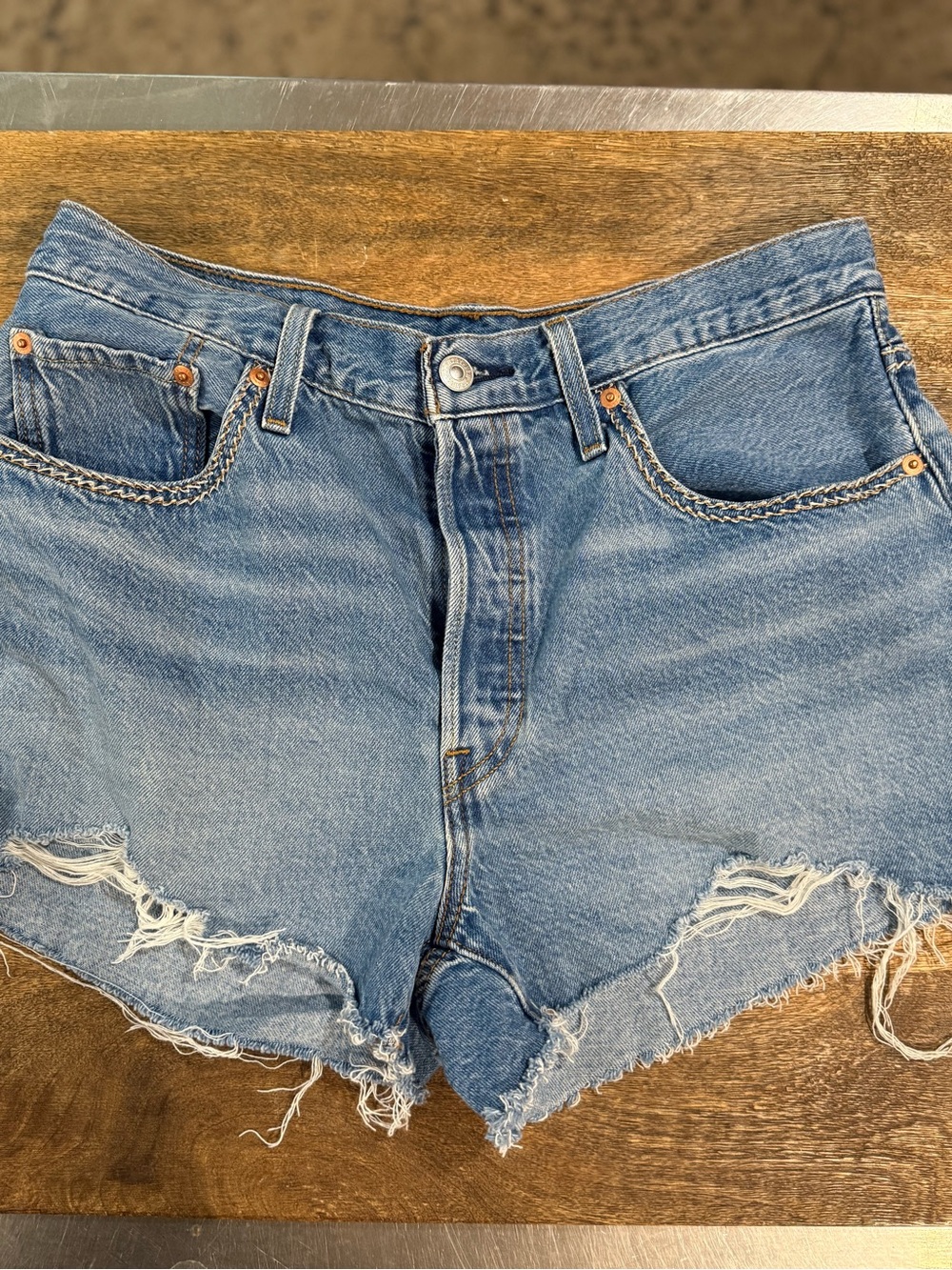 Levi's 501 Light Blue Denim Frayed Hem Shorts